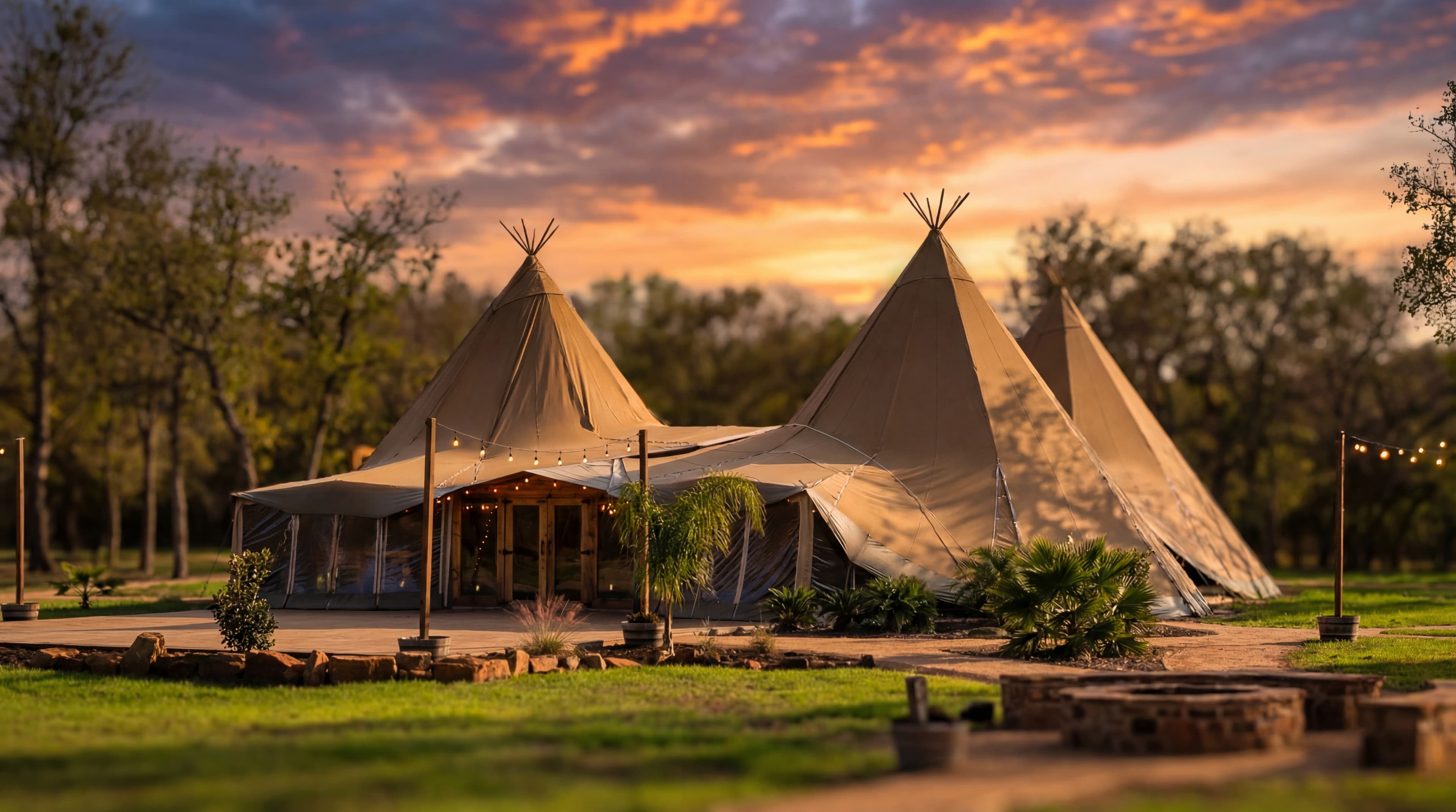 Evergreen Creek tipi event venue for Austin Sweet 16 parties